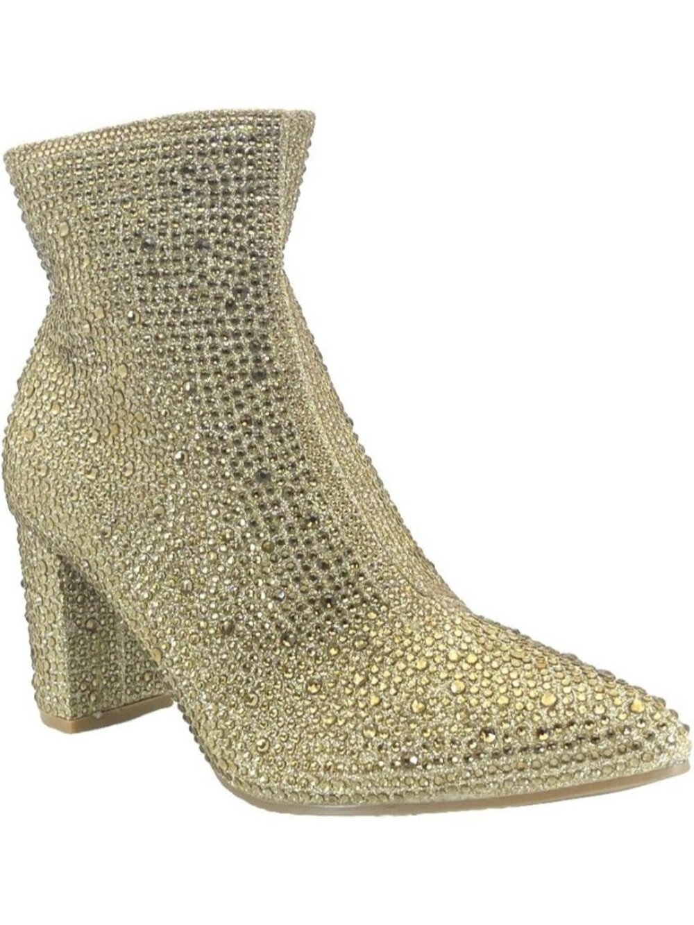 Women's Gold Stylish Pointed Toe Rhinestone Block Medium Heel Ankle Booties
